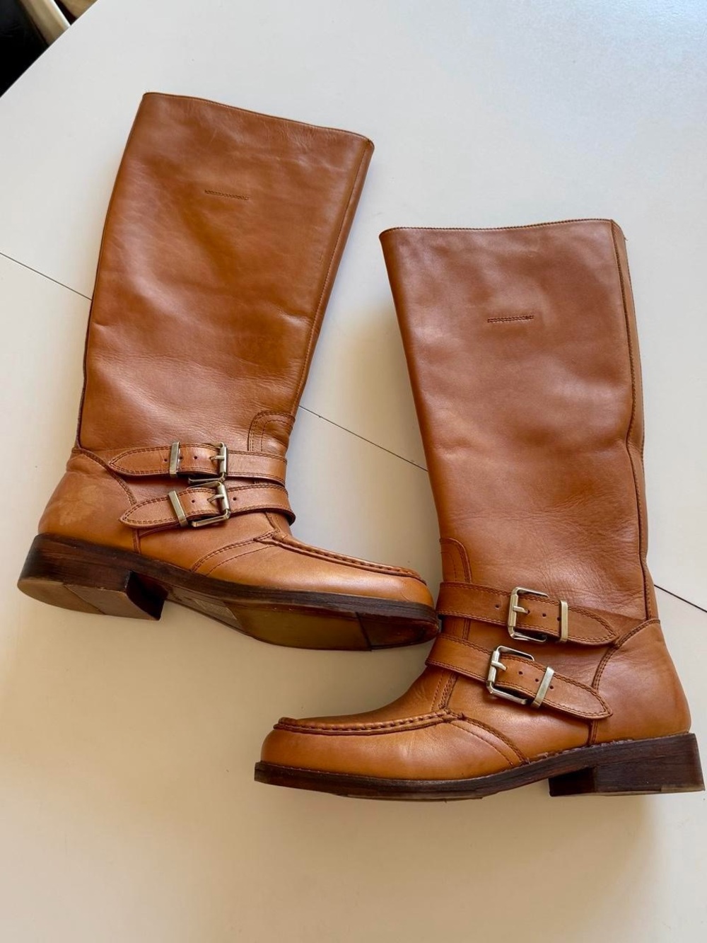 Free People Farmers Market Tall Leather Boots Tan Brown Buckle Sz 9 US Womens